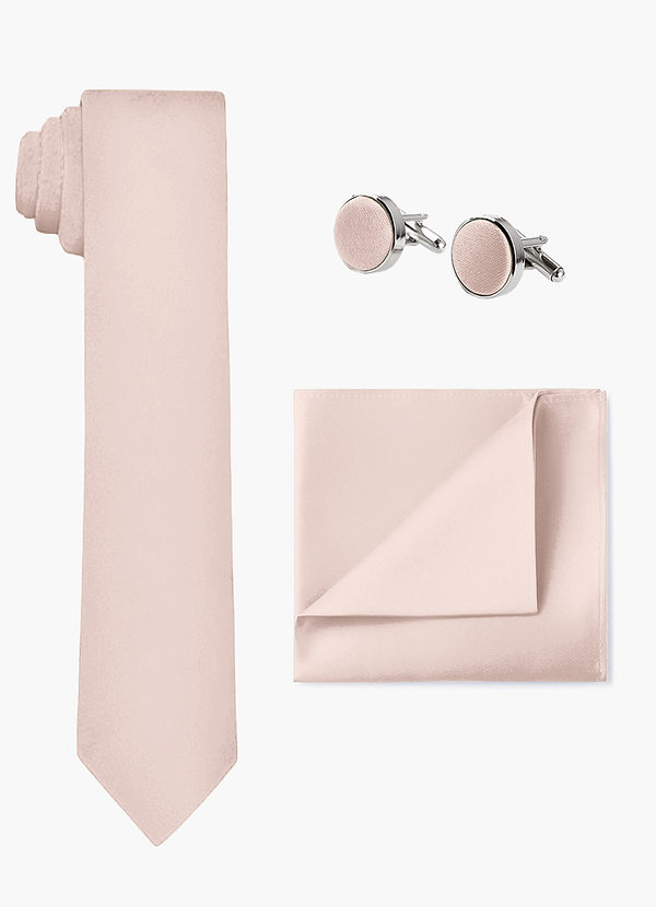 front Conjunto a juego de corbata ancha de satén elástico, pañuelo de bolsillo y gemelos.