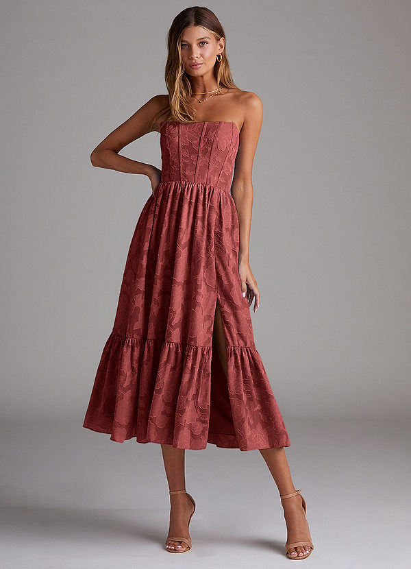 Azazie Delphina Bridesmaid Dresses Terracotta A-Line Strapless Floral Burnout Convertible Dress image1