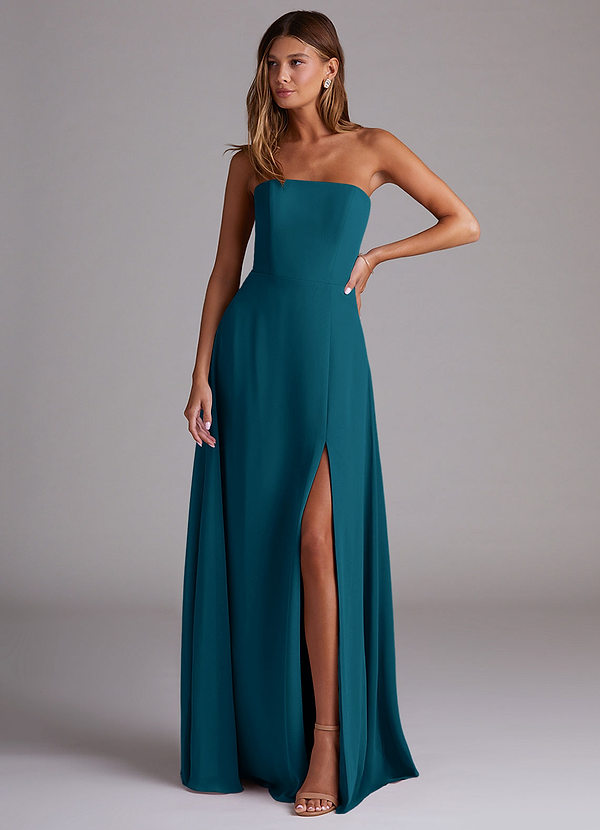 Azazie Wren Bridesmaid Dresses Ink Blue A-Line Side Slit Chiffon Convertible Dress image1