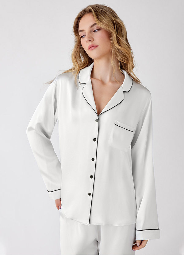 front White 100% Washable Silk Pajama Long Sleeve Top