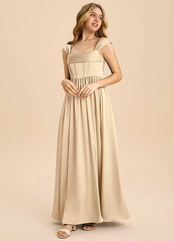 Azazie Hattie Junior Abito A-Line in Raso Elasticizzato Plissettato Champagne image1