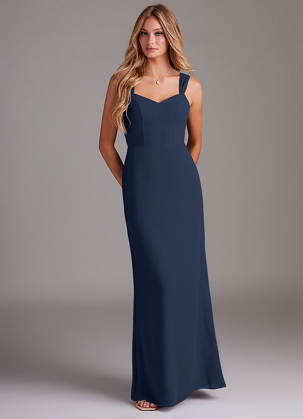 Azazie Denice Bridesmaid Dresses Dark Navy Sheath Pleated Chiffon Dress image1