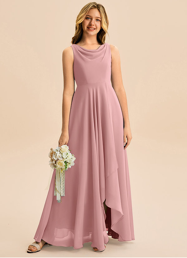 Azazie Mannie Junior Vestido de Rosa Polvorienta de Gasa de Corte en A con Plisado image1