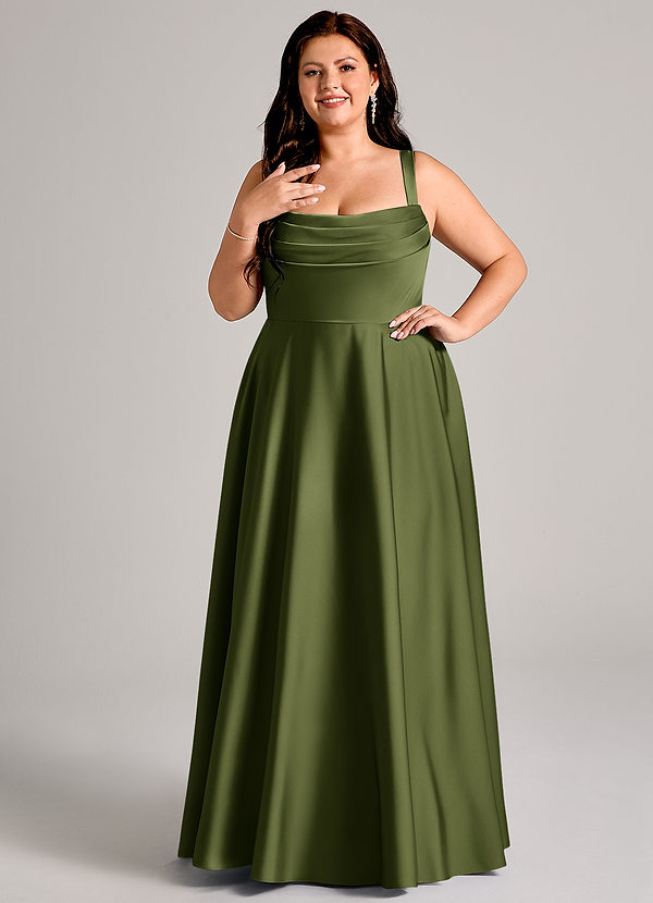 Azazie Shaude Bridesmaid Dresses Olive A-Line Pleated Stretch Satin Dress image1