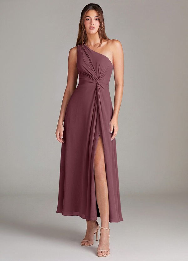 Azazie Brooke Robes de demoiselle d'honneur Robe Trapèze en Mousseline de soie Une épaule Sangria image1