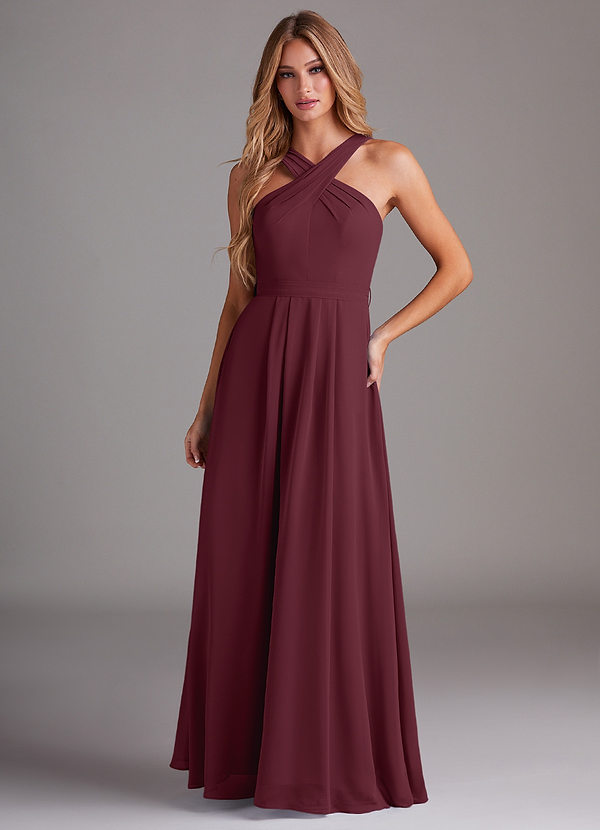 Azazie Dixie Bridesmaid Dresses Cabernet A-Line Halter Pleated Chiffon Dress image1