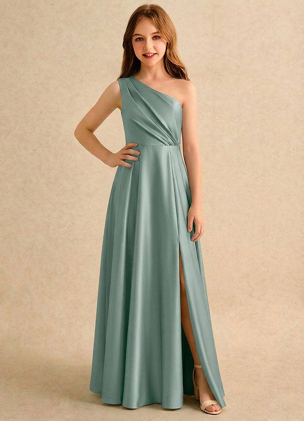Azazie Puddles Girls Formal Flower Girl Dresses Silver Sage A-Line One Shoulder Stretch Satin Dress image1