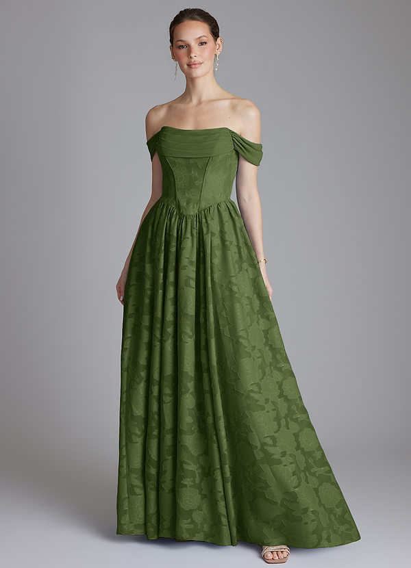 Azazie Raisa 신부 들러리 드레스 A라인 오프 더 숄더 플로럴 번아웃 바닥 길이 드레스 image1