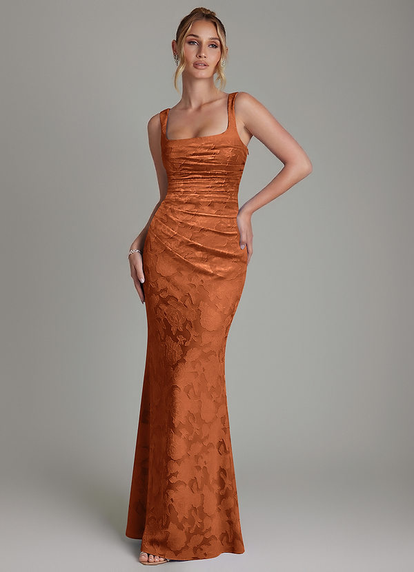 Azazie Agustina Bridesmaid Dresses Burnt Orange Mermaid Corset Floral Burnout Dress image1