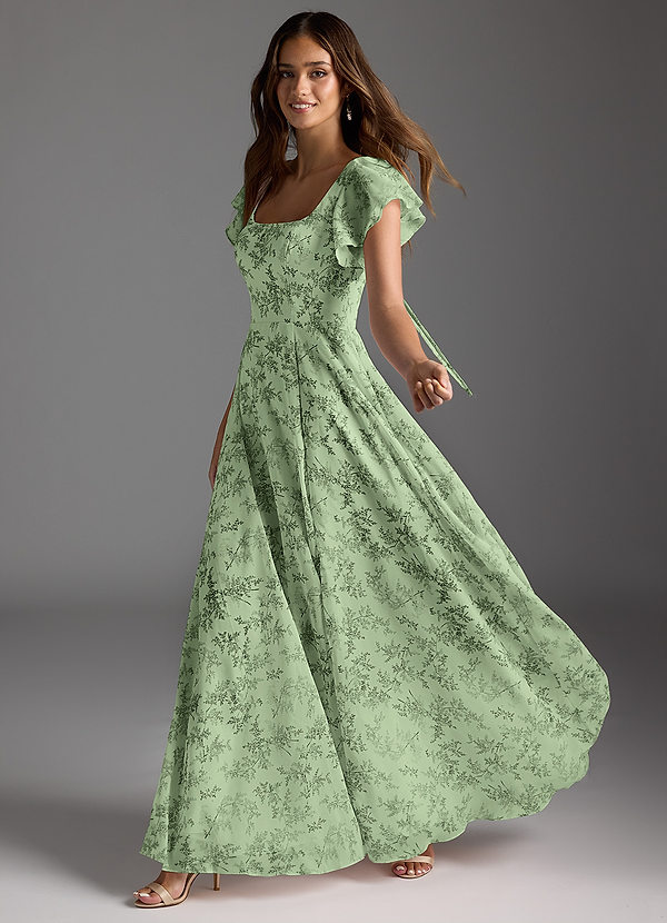 Azazie Bondi Bridesmaid Dresses Green Fern Floral A-Line Ruffled Chiffon Dress image1