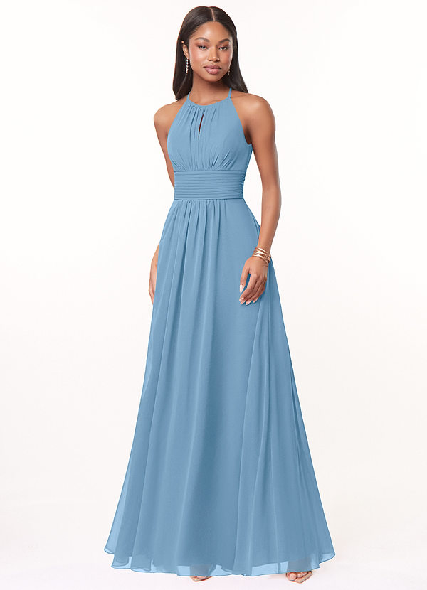 Azazie Bonnie Bridesmaid Dresses Steel Blue A-Line Keyhole Ruched Chiffon Dress image1