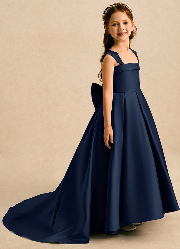 Azazie Genie Flower Girl Dresses Dark Navy Ball-Gown Off the Shoulder Matte Satin Dress image1