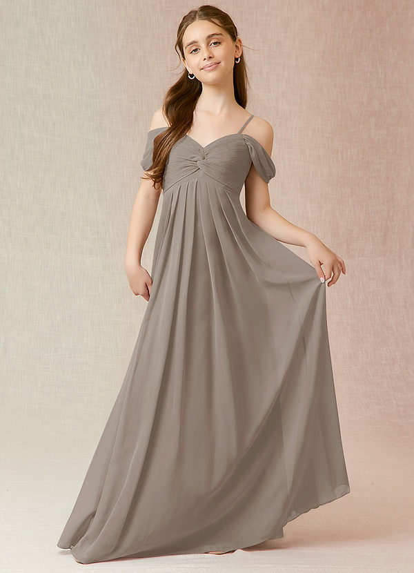 Azazie Kaitlynn Junior Taupe A-Line Off the Shoulder Chiffon Dress image1