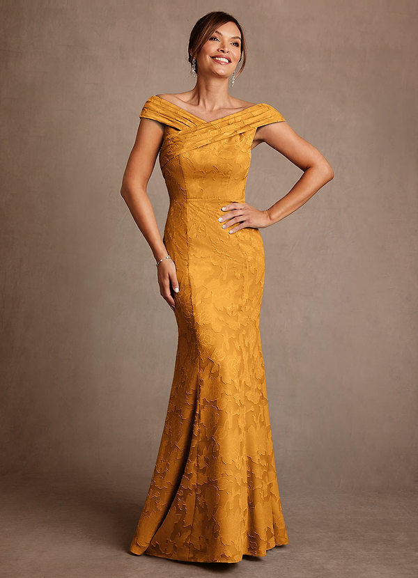 Azazie Aberdeen Mother of the Brides Dresses Butterscotch Sheath Pleated Floral Burnout Dress image1