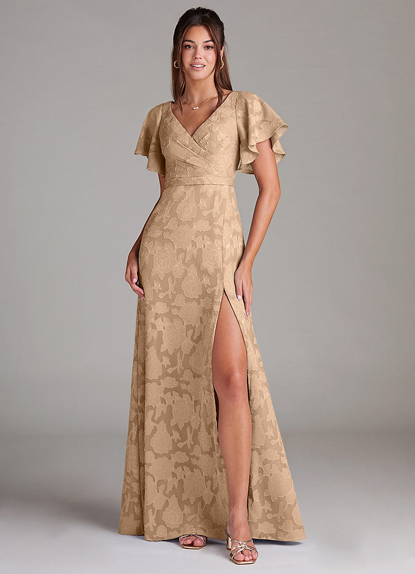 Azazie Ambrosia Brautjungfernkleider A-Linie Plissee Blumen-Burnout Kleid Champagner image1