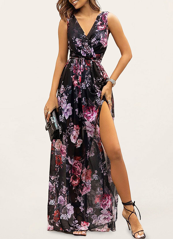 front Divine Allure Black Floral Print Maxi Dress