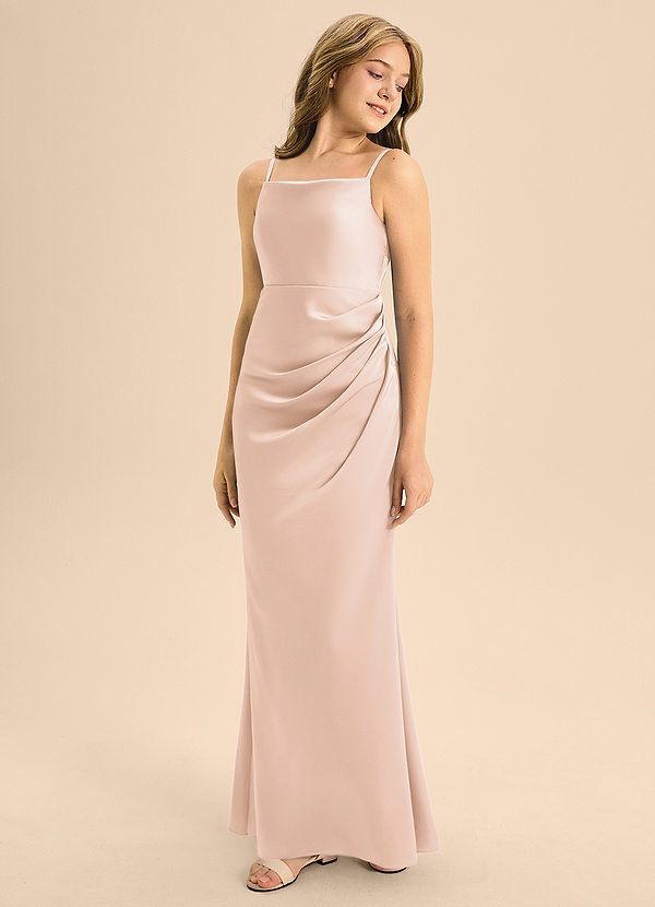 Azazie Renna Junior Blushing Pink A-Line Pleated Stretch Satin Dress image1