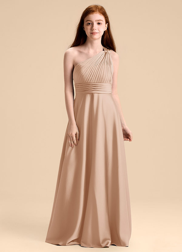 Azazie Charlize Junior Robe Trapèze en Satin extensible Plissée Rose Perle image1