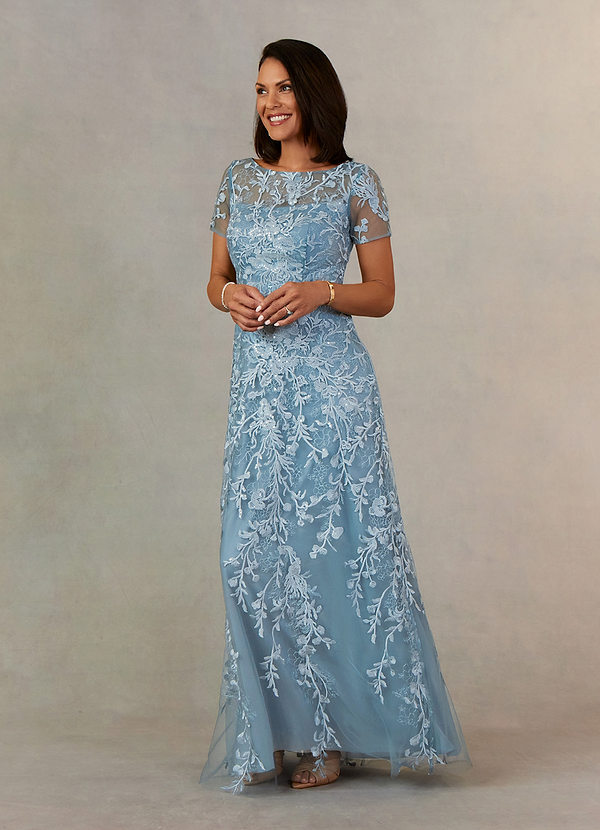 Upstudio Stokton Mother of the Brides Dresses Dusty Blue A-Line Boatneck Lace Dress image1