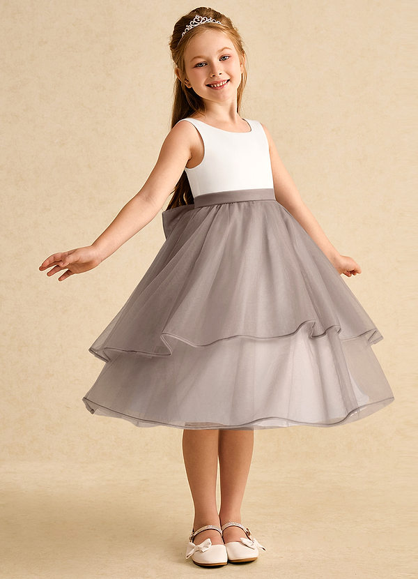 Azazie Rene Flower Girl Dresses Ivory Taupe A-Line Bow Tulle Dress image1