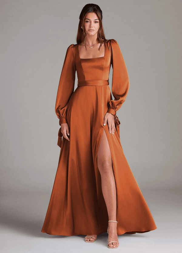 Azazie Leonia Bridesmaid Dresses Cinnamon A-Line Long Sleeve Stretch Satin Dress image1