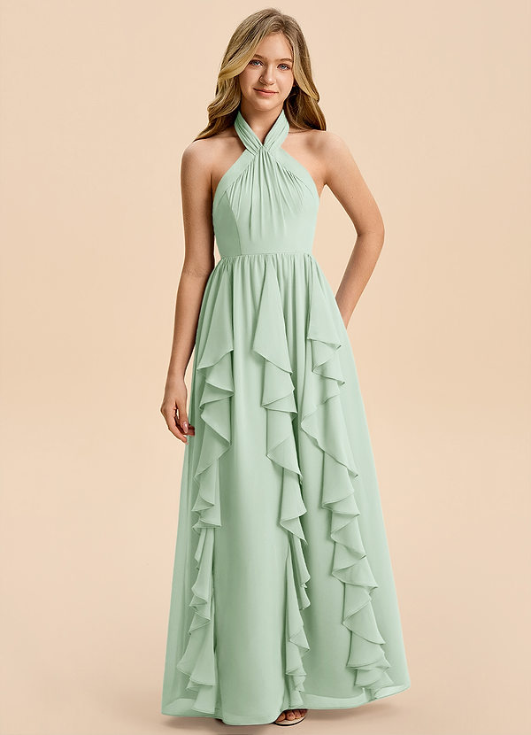 Azazie Daisy Junior Abito A-Line in Chiffon Agave image1
