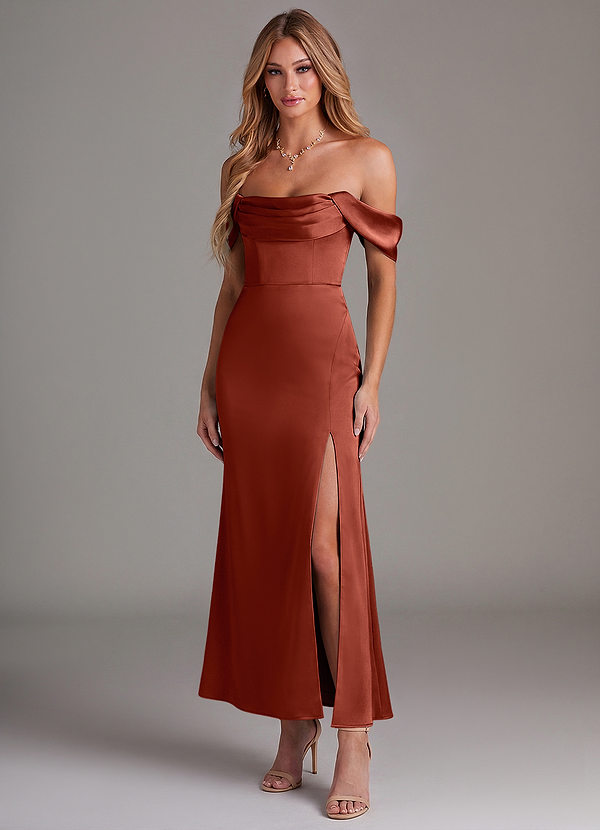 Azazie Saige 신부 들러리 드레스 인어 오프 더 숄더 스트레치 새틴 발목 길이 드레스 image1