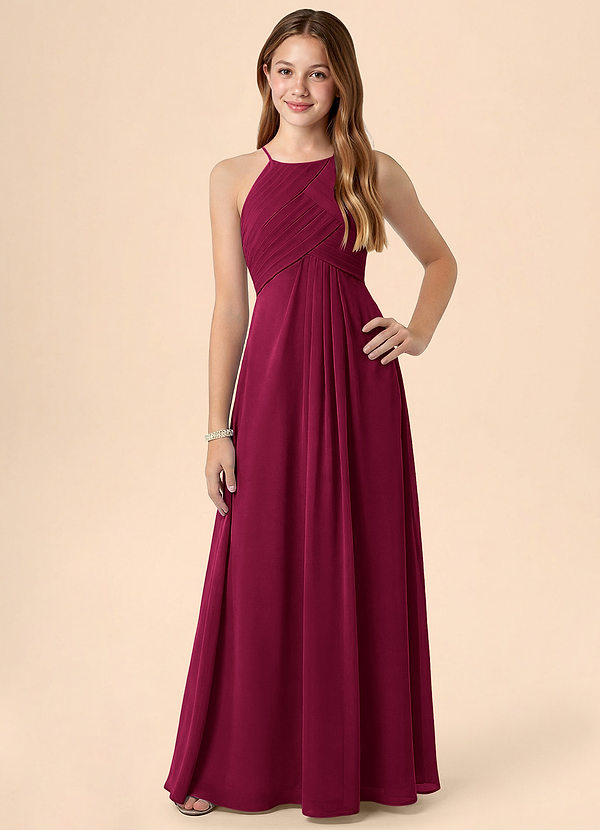 Azazie Ginny Junior Burgundy A-Line Pleated Chiffon Dress image1