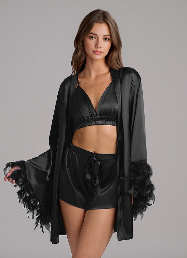 front Satin 3-Piece Loungewear Set With Feather Sleeves