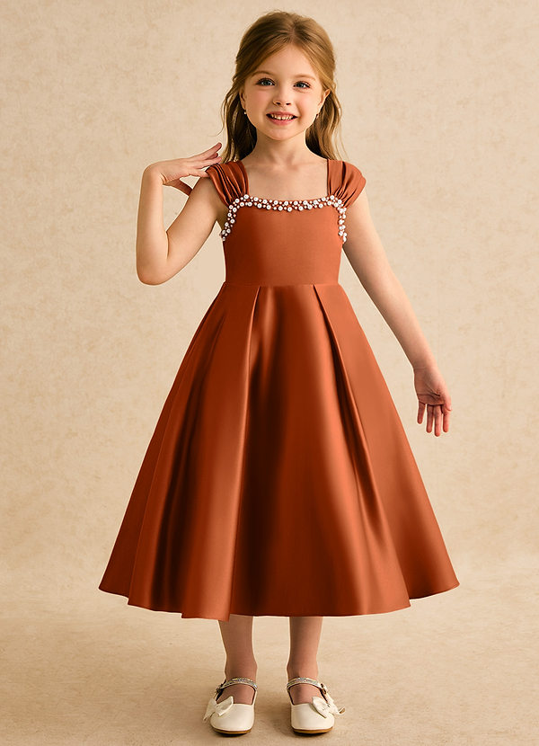 Azazie Yosemite 플라워 걸 드레스 볼가운 스윗하트 네크라인 매트 새틴 티 길이 드레스 image1