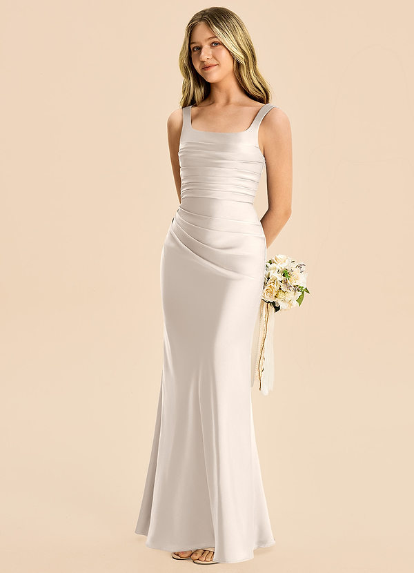 Azazie Agustina Junior White Alabaster Sheath Pleated Stretch Satin Dress image1