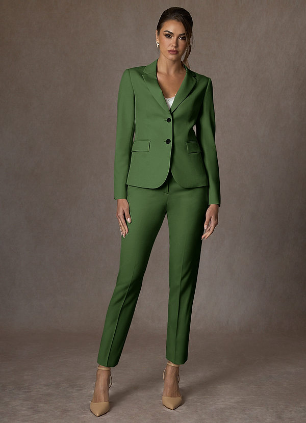 front Whitney Olive Structured Stretch Full Length Pants Suit