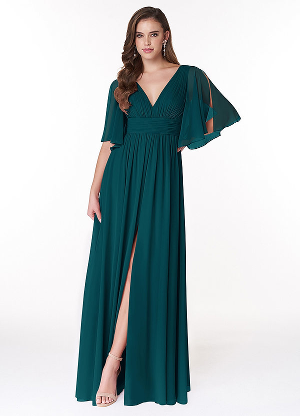 Azazie Temeka Bridesmaid Dresses Pine A-Line Ruched Chiffon Dress image1