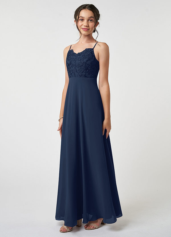 Azazie Sonya Junior A-Linie Spitze Chiffon Kleid Dunkelmarine image1