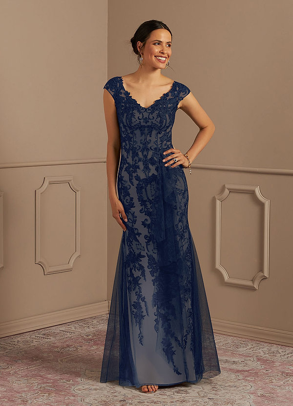 Azazie Melena Mother of the Brides Dresses Dark Navy Champagne Mermaid Lace Tulle Dress image1