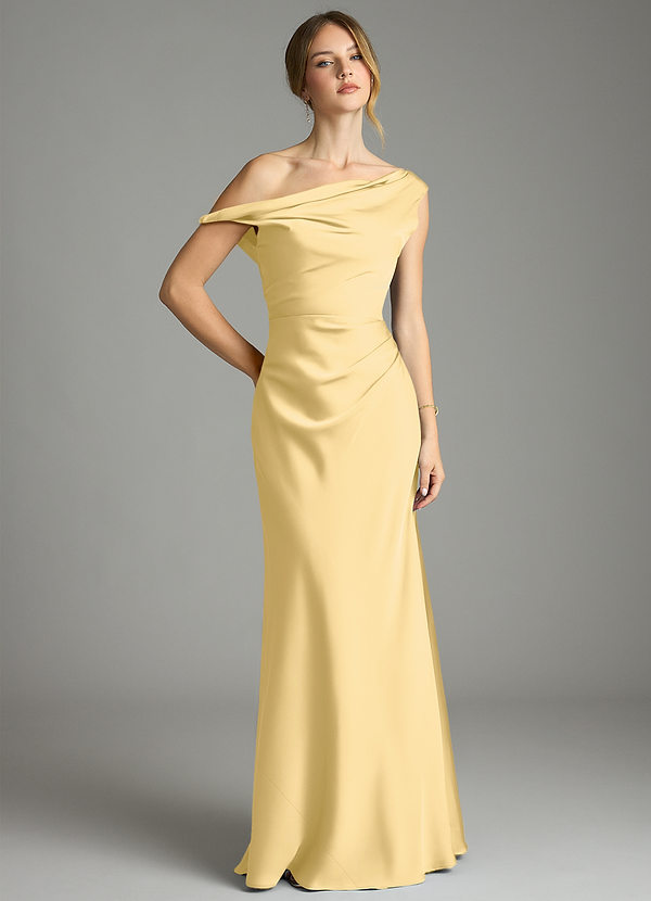 Azazie Emerson Bridesmaid Dresses Butter Mermaid Off the Shoulder Stretch Satin Dress image1
