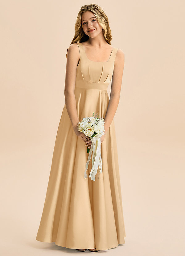 Azazie Gabby Junior Linia A Pofałdowany Satyna elastyczna Długość podłogi Młodsza druhna Sukienka image1