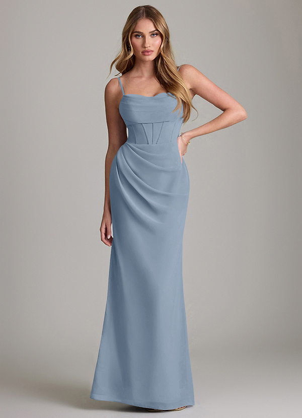 Azazie Mai Bridesmaid Dresses Dusty Blue Sheath Pleated Chiffon Dress image1