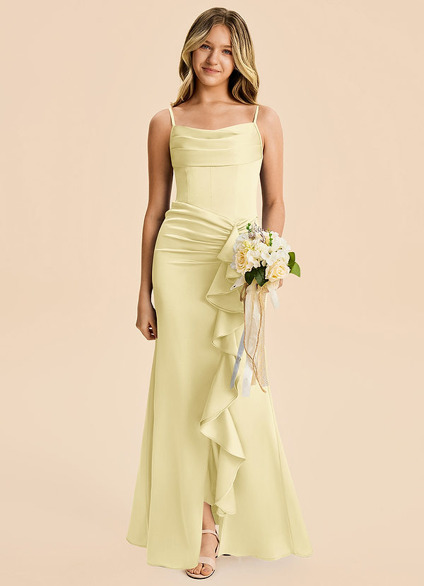 Azazie Rosalia Junior Lemon Sorbet Sheath Pleated Stretch Satin Dress image1