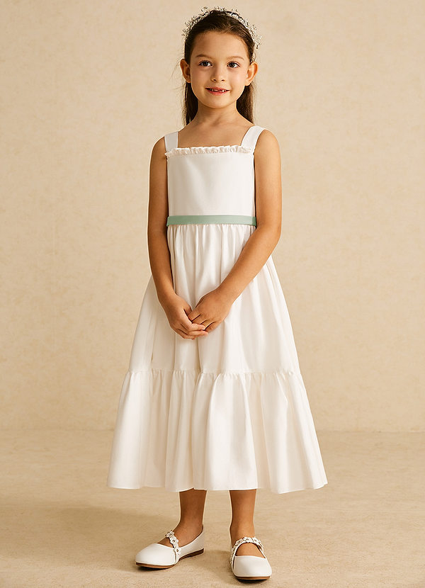 Azazie Ettie Flower Girl Dresses Ivory Dusty Sage A-Line Bow Cotton Dress image1