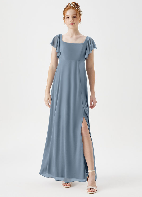 Azazie Bondi Junior A-Linie Seitliche Cut-Outs Gittergewebe Kleid Staubblau image1