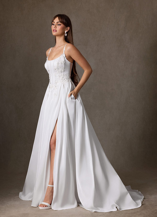 Azazie Sariah Wedding Dresses Diamond White A-Line Lace Stretch Satin Dress image1