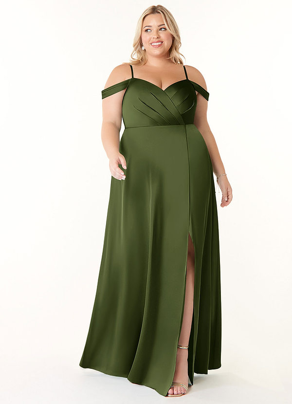 Azazie Ocean Bridesmaid Dresses Olive A-Line V-Neck Pleated Stretch Satin Dress image1