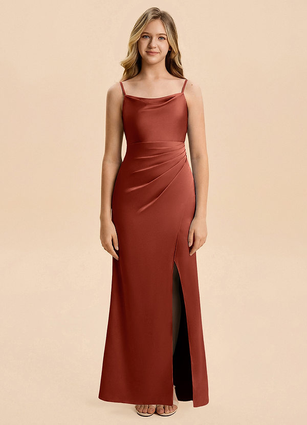 Azazie Christen Junior Linia A Pofałdowany Satyna elastyczna Długość podłogi Młodsza druhna Sukienka image1