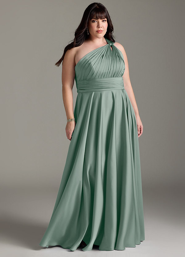 Azazie Charlize Bridesmaid Dresses Silver Sage A-Line One Shoulder Stretch Satin Dress image1