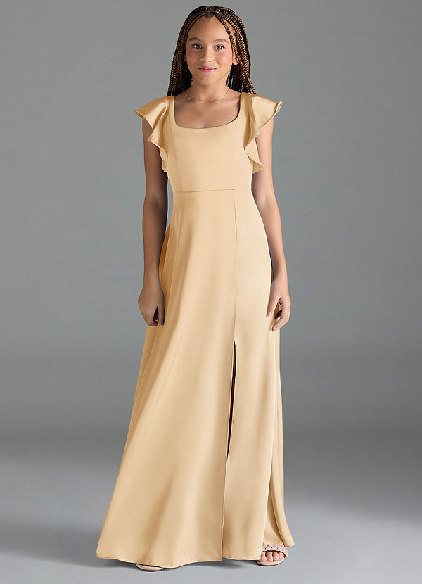 Azazie Bondi Junior Gold A-Line Side Slit Stretch Satin Dress image1