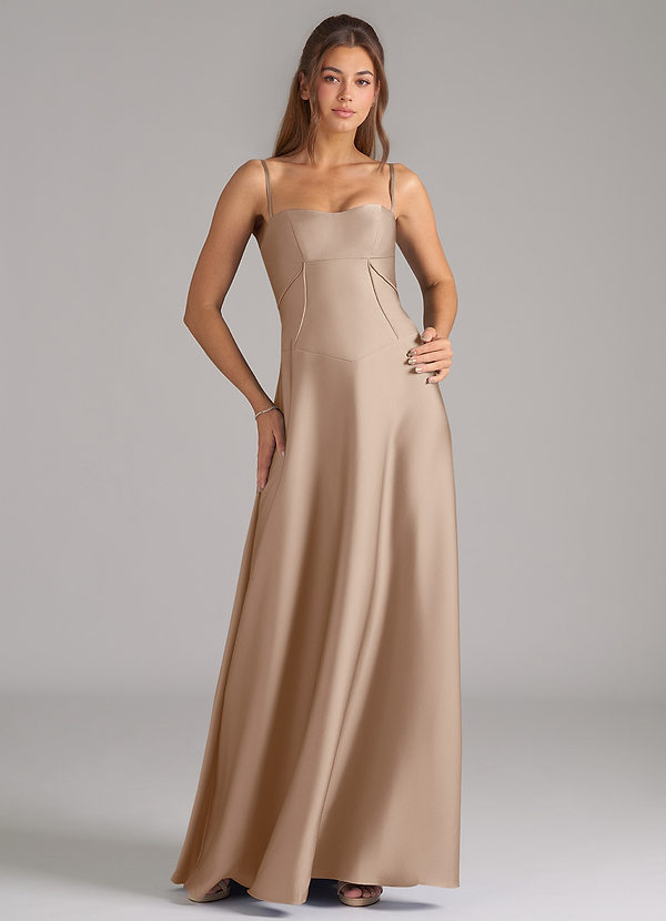 Azazie Valentine Bridesmaid Dresses Taupe A-Line Corset Stretch Satin Dress image1