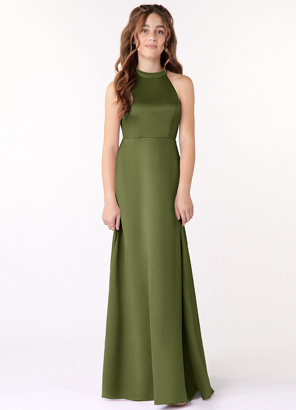 Azazie Laurel Junior Olive A-Line Stretch Satin Dress image1