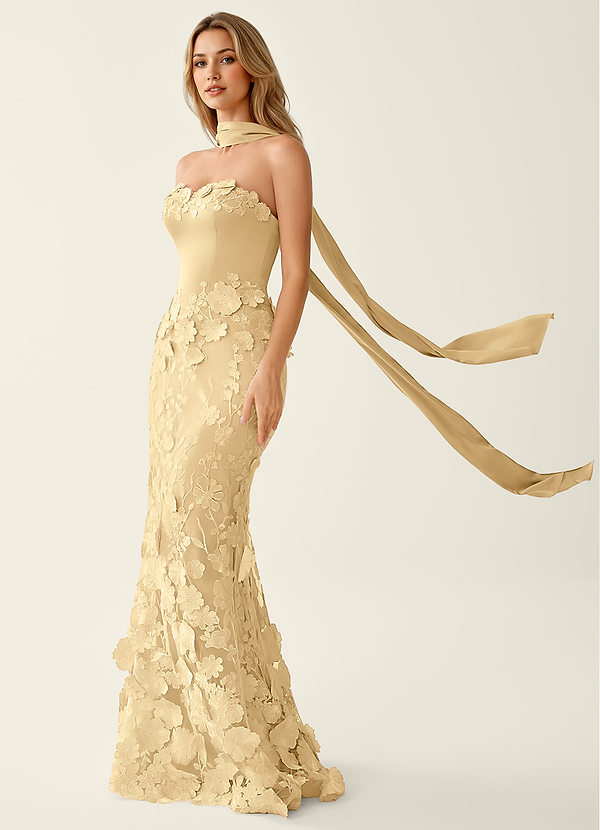 Wrensincia Dunkler Champagner 3D-Blumen-Spitzen-Satin-Abendkleid image1