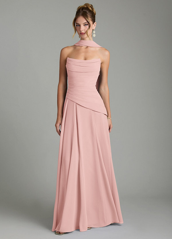 Azazie Gabriela Robes de demoiselle d'honneur Robe Trapèze en Mousseline de soie Corset Rose Poudré image1